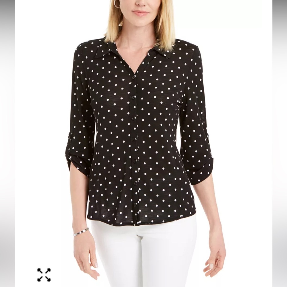 Mesh Polka Dot Button-Up Top Sz L Black White Roll Tab Sleeve